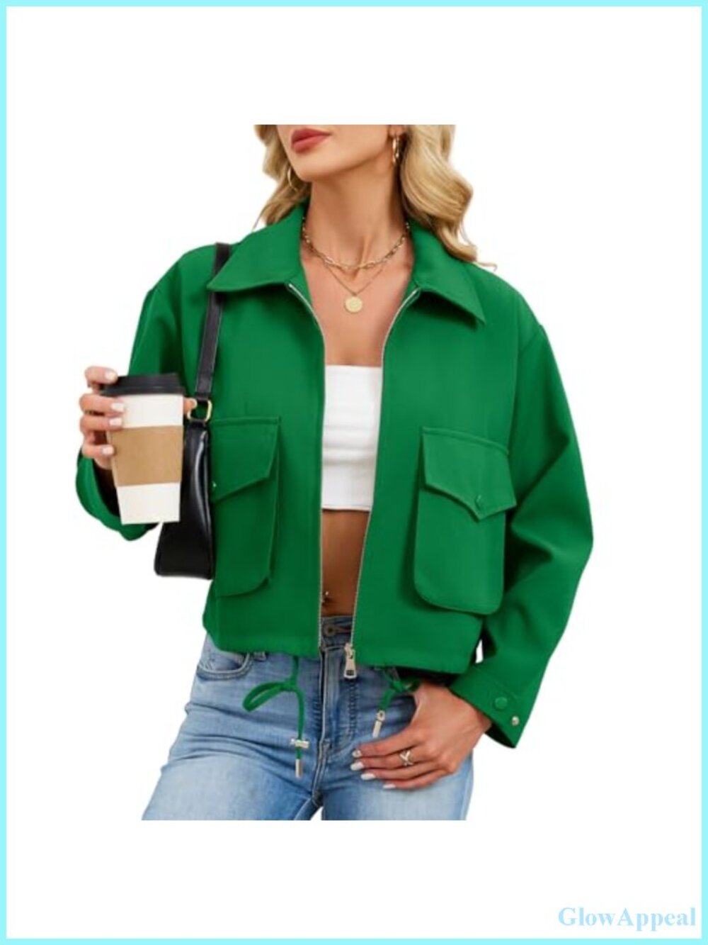 Cropped Zip Up Bomber Jacket Lightweight Utility Coat with Pockets